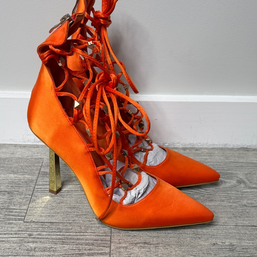 Orange Satin Lace-Up High Heel Pumps New without box
